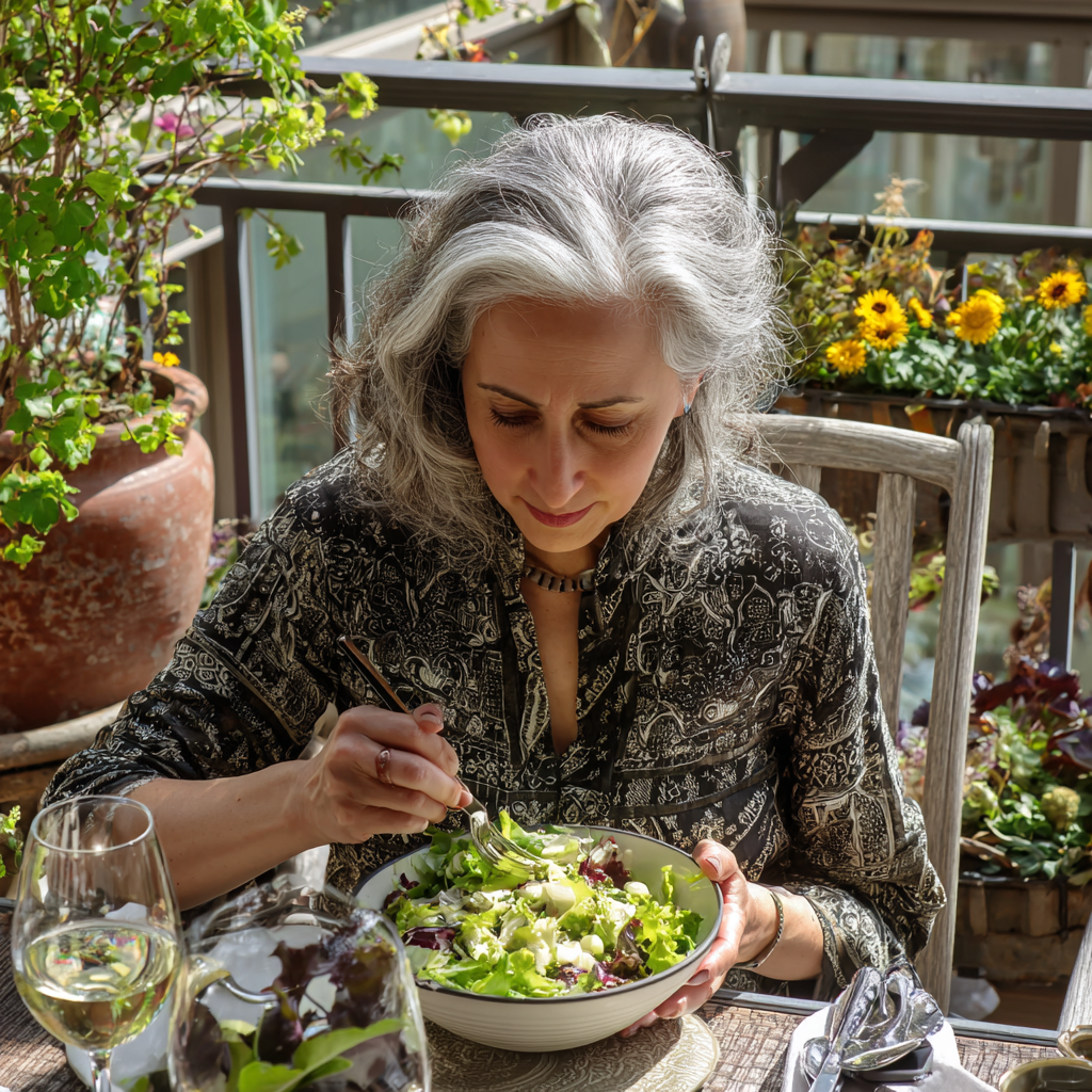Жена на 52 години яде веганска салата на терасата си