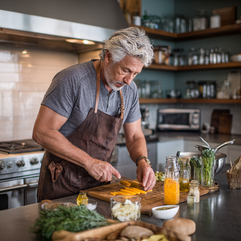 Мъж на 58 години приготвя кетогенна храна в модерна кухня