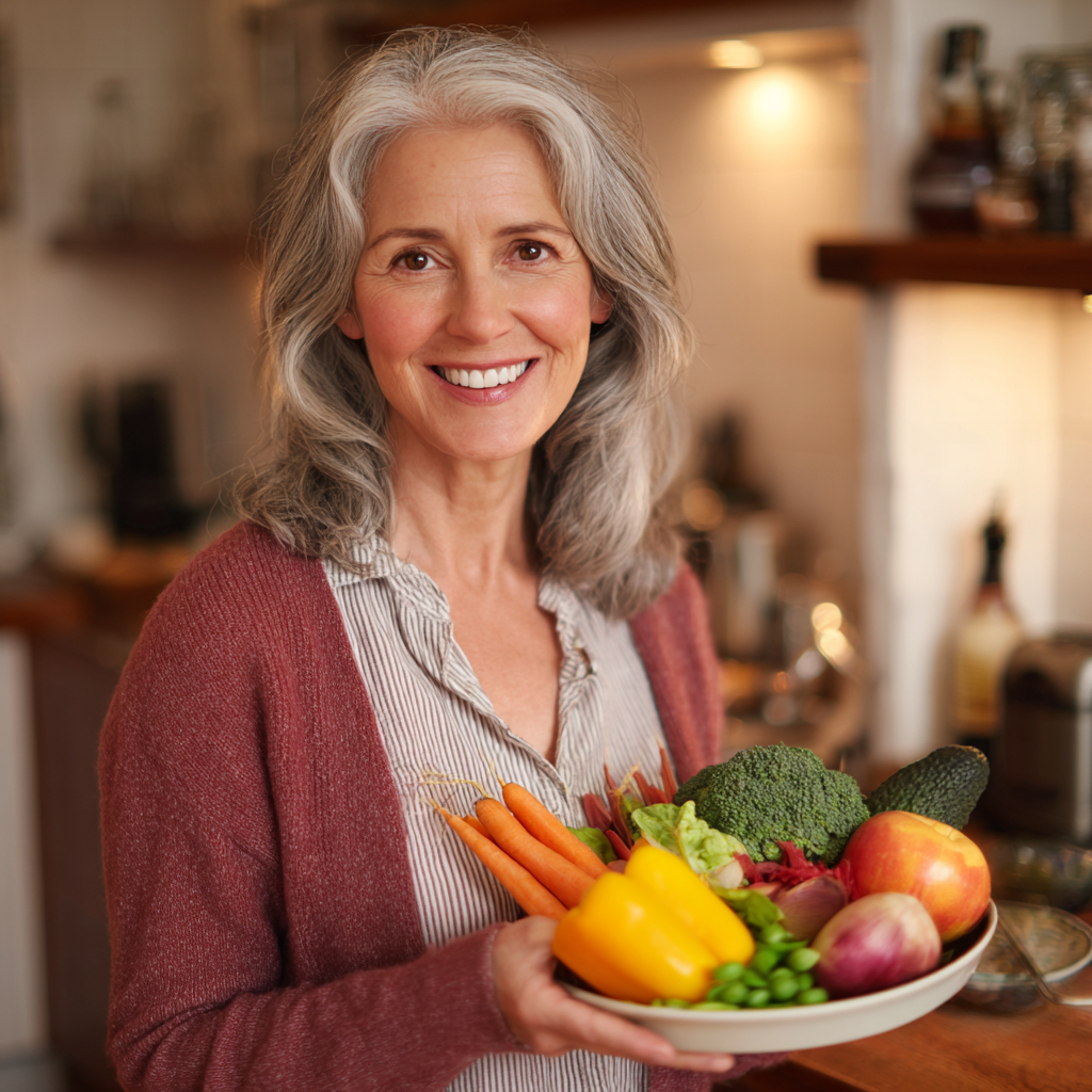 Усмихната жена на 55 години държи чиния със здравословна храна в кухнята си